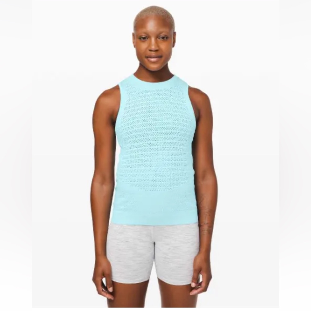 Womens Lululemon Sz 8 Breeze By Tank Top Shirt Blue Perforated Laser Cut Stretch
